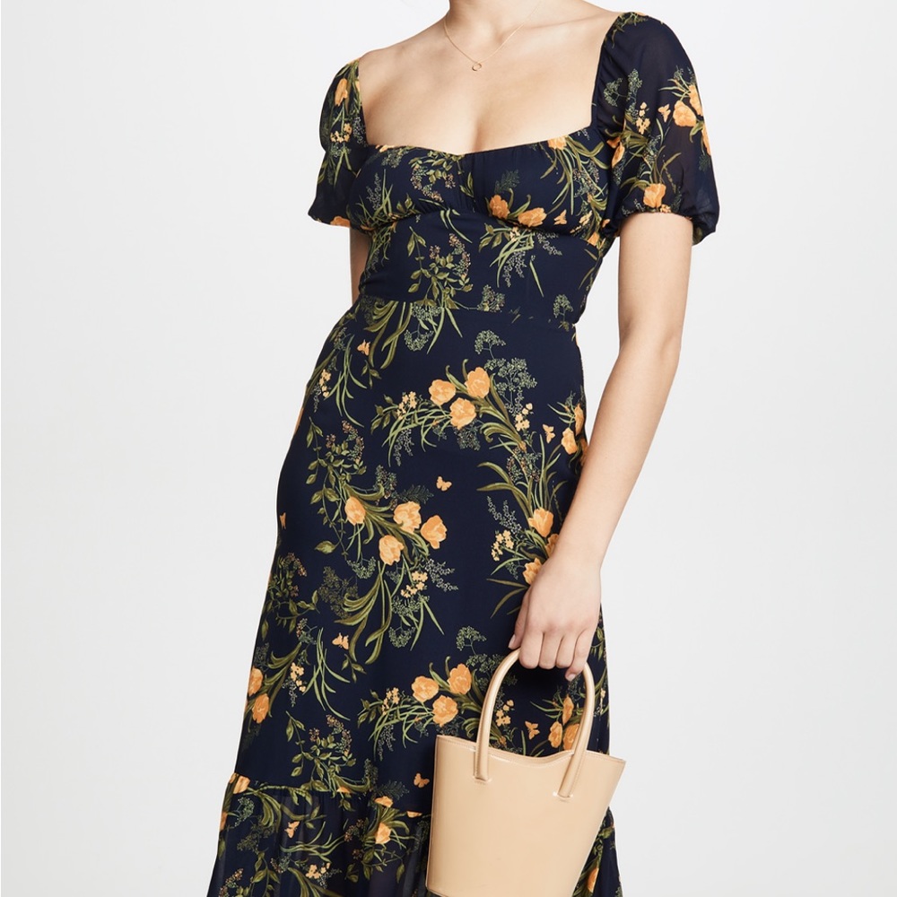 Long short sleeved reformation dress, navy with yellow flowers